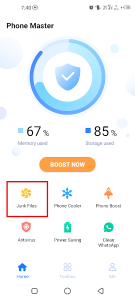 Open the built-in Junk File Cleaner app