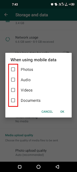 Uncheck all auto-download options for mobile data in WhatsApp
