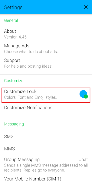 Textra Settings page showing Customize Look option