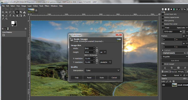 Scale Image dialog in GIMP showing width and height fields