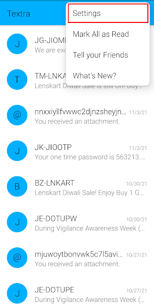 Selecting Settings from Textra drop-down menu