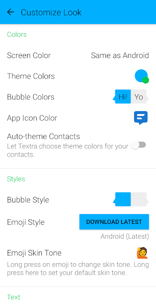 Textra Customize Look settings page