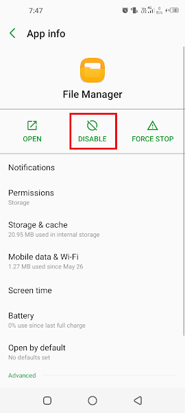 Tap DISABLE to disable a system app on Android