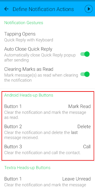 Textra notification action configuration