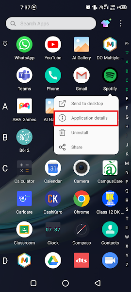Long press app icon to open Application details