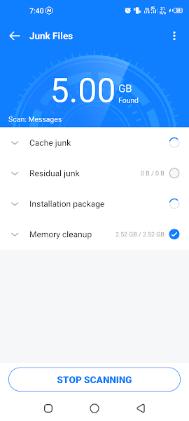 Junk file scan results showing files and sizes