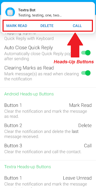 Textra Heads-Up buttons explained