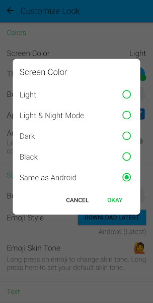 Textra screen color dark and light mode selection