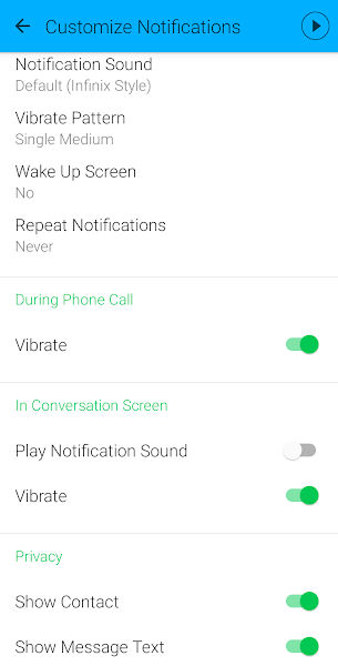LED, screen wake and other notification settings in Textra