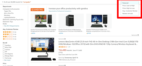 Product search results page on Amazon showing sorting options