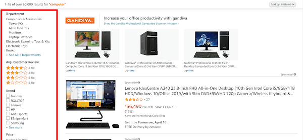 Product filtering options on Amazon including brand and price filters