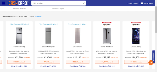 CashKaro product search results showing refrigerators