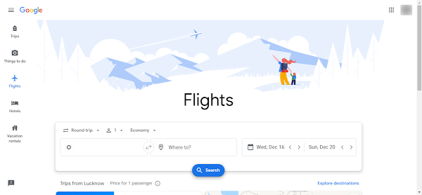 Google Flights homepage showing flight search and price comparison