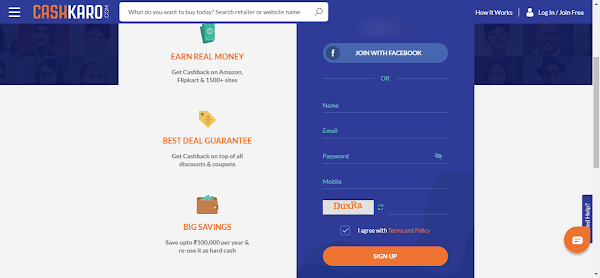CashKaro homepage - sign up to get cashback on online shopping
