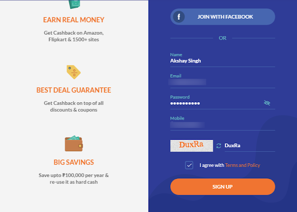 CashKaro sign up form to create a free account