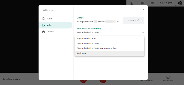 Google Meet settings panel for adjusting video quality to save data