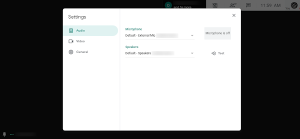 Google Meet settings showing microphone and camera device selection