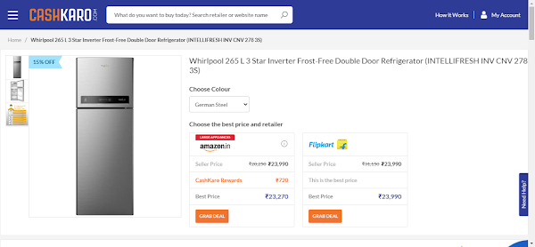 CashKaro showing product available across multiple retailers with cashback amounts