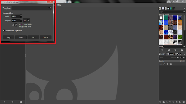 Starting a new project in GIMP via File menu