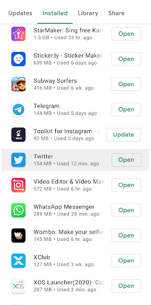 Installed apps list in Google Play Store
