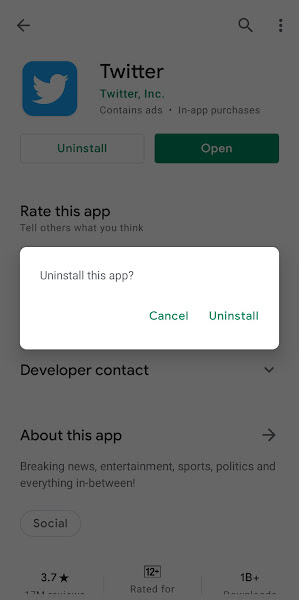 Confirmation dialog to uninstall app via Play Store